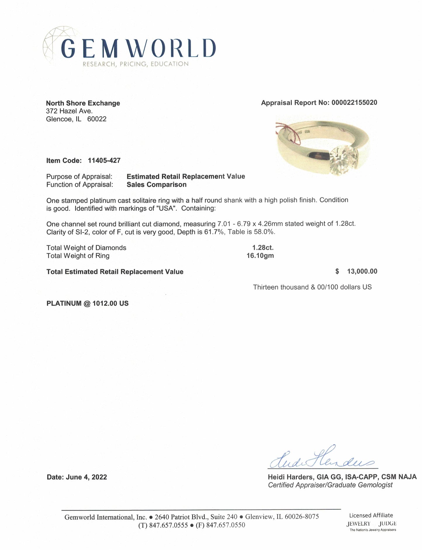 Platinum Solitaire Ring with 1.28ct Diamonds