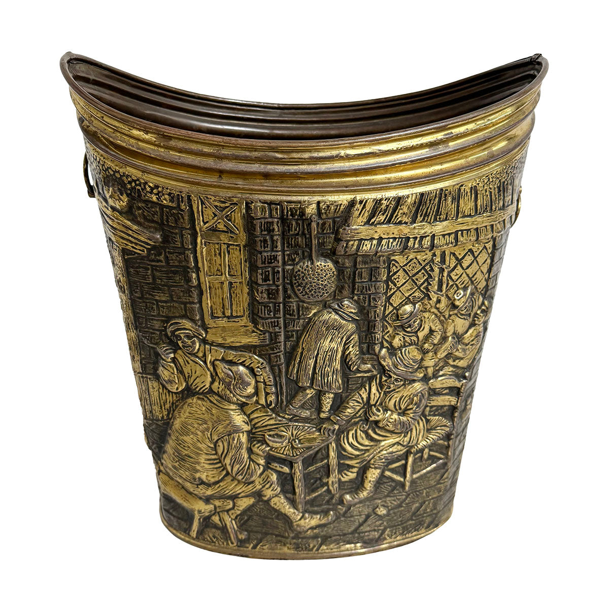 Large Brass Oval Bucket with Embossed Scene 1940's
