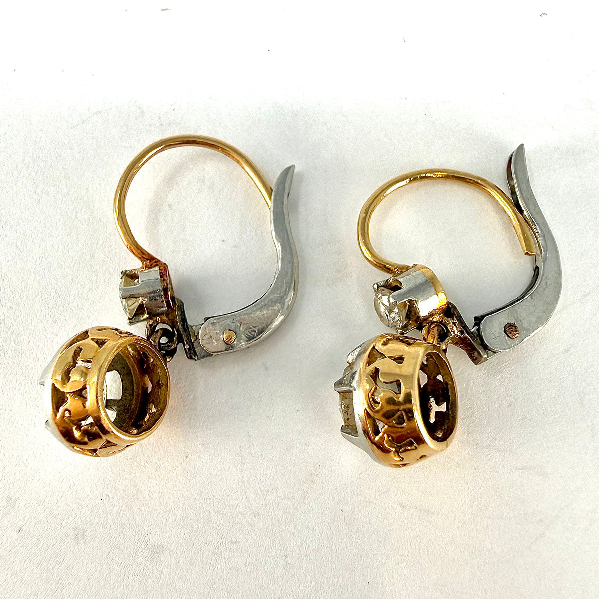 18K Rose and Silver Drop Earrings with 4 Diamonds