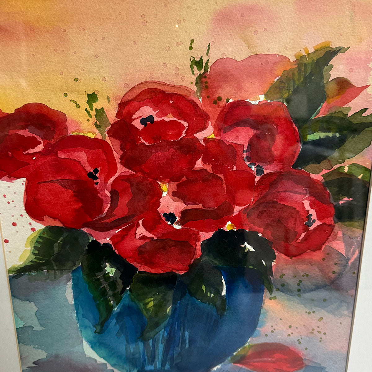 Watercolor Still Life Painting,  Red Floral in Blue Vase