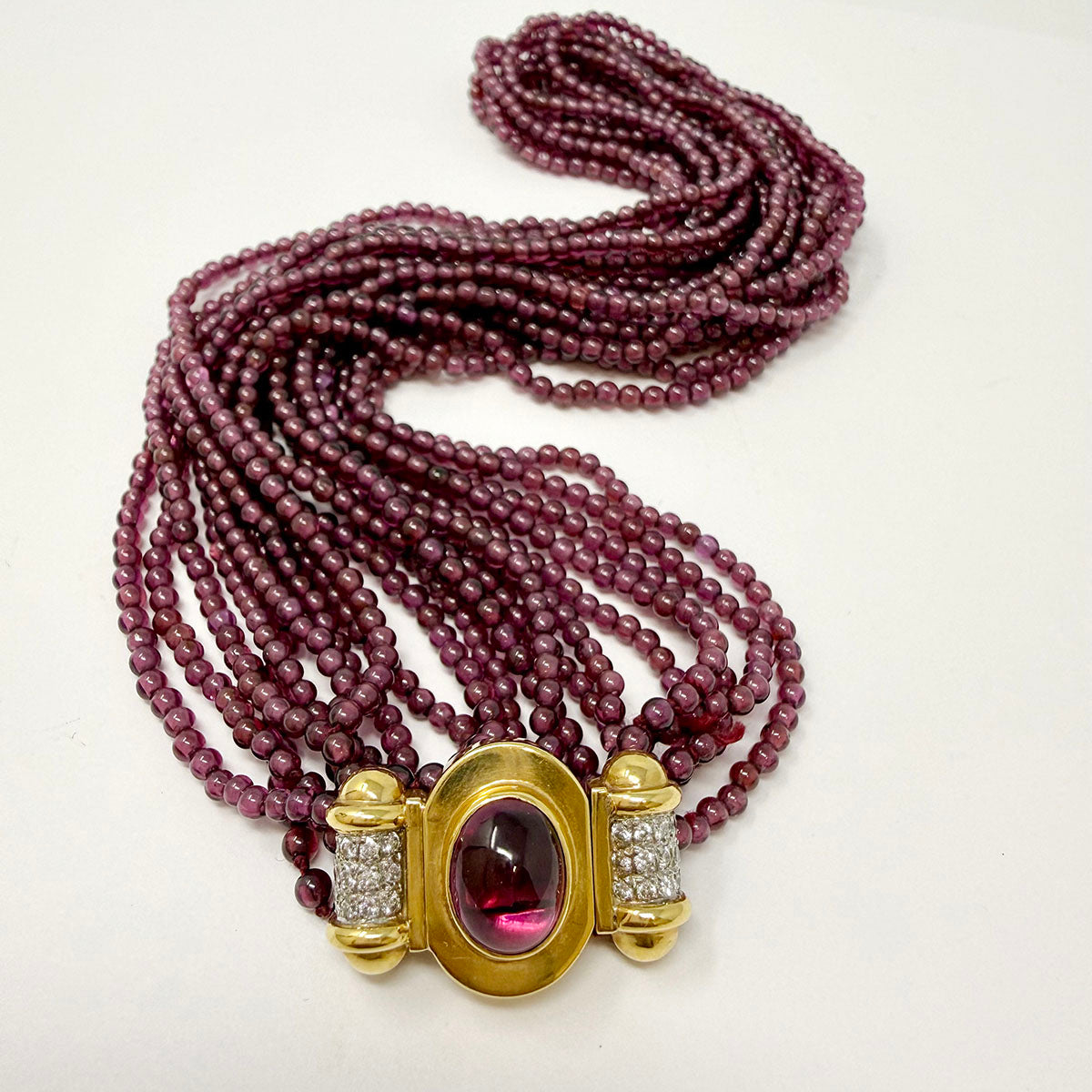 10 Strand Garnet Bead Necklace with 18K Gold Clasp with Cabochon and Diamonds