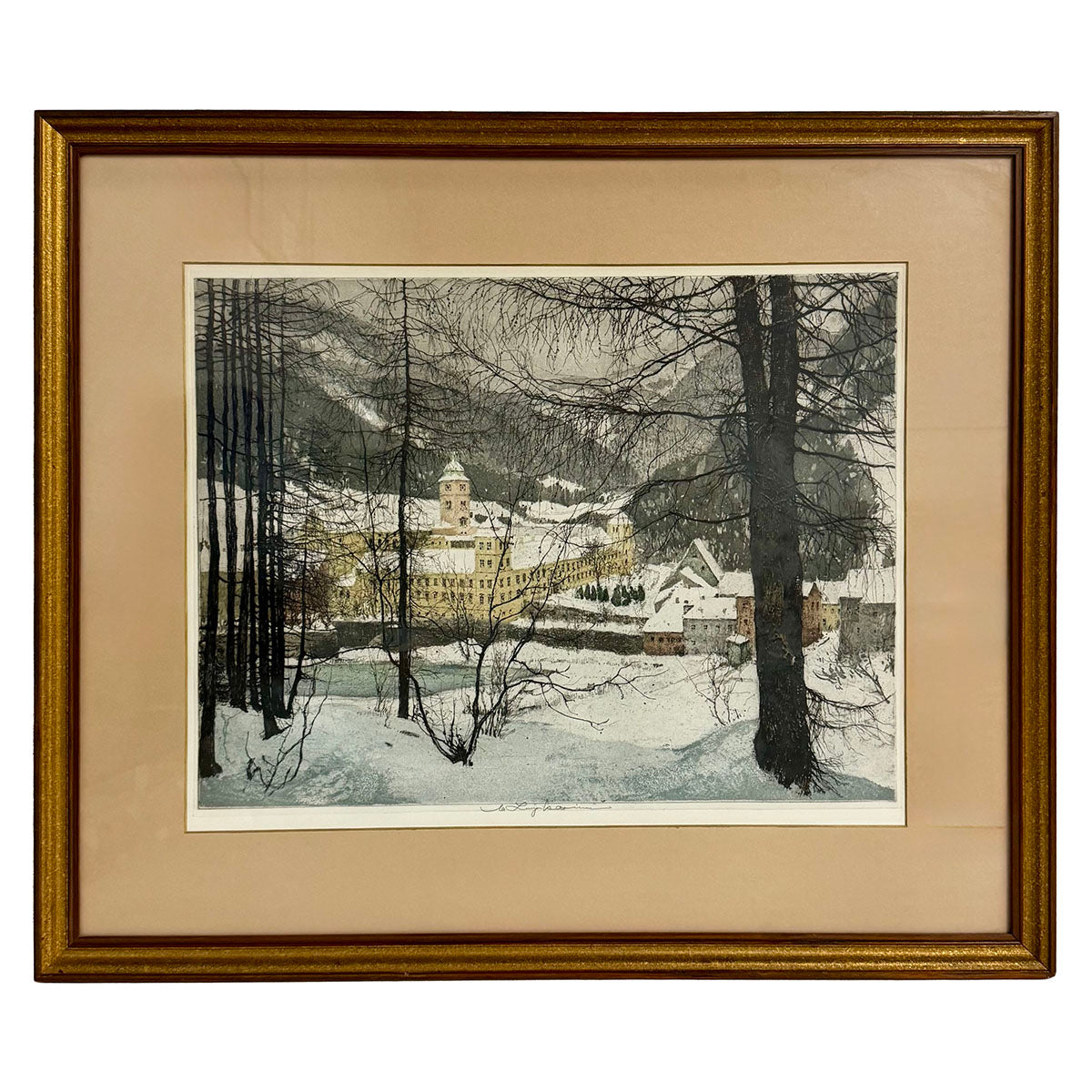 Framed Etching / Aquatint  "Lilienfield Monastery in Snow"