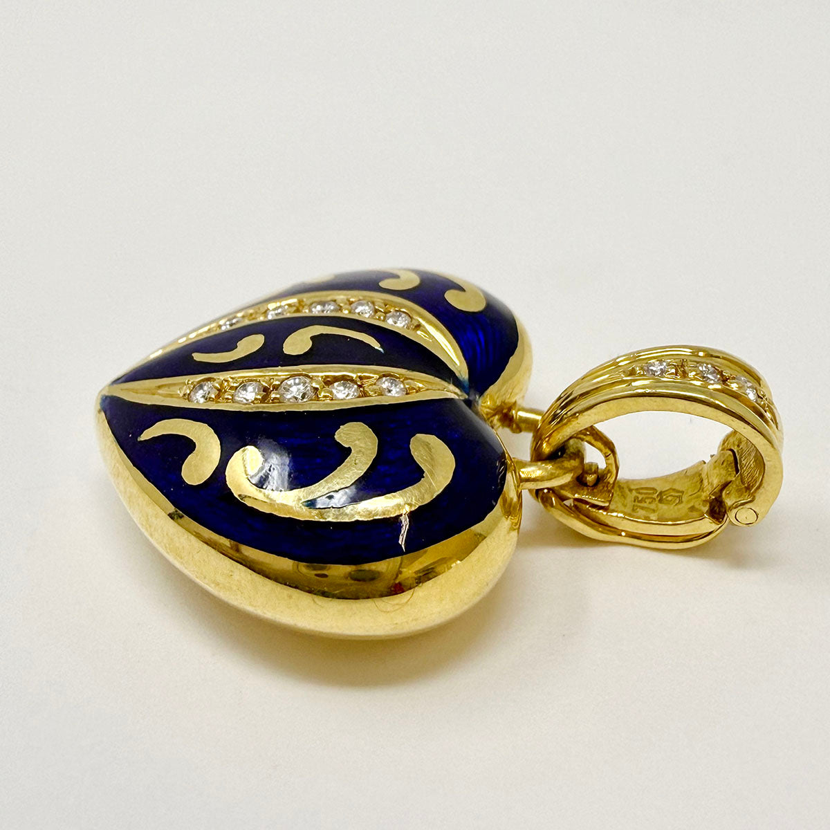Faberge 18K Gold Heart Shaped Pendant with Blue Enamel and Diamonds