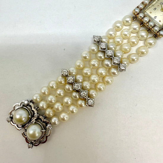 Amnon 17 Jewel Watch with 4 Strand Pearl Strap and Diamonds