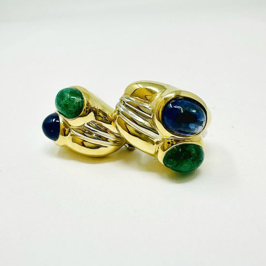 Giovane 18K Yellow and White Gold Ribbed Earrings with Emerald and Sapphire