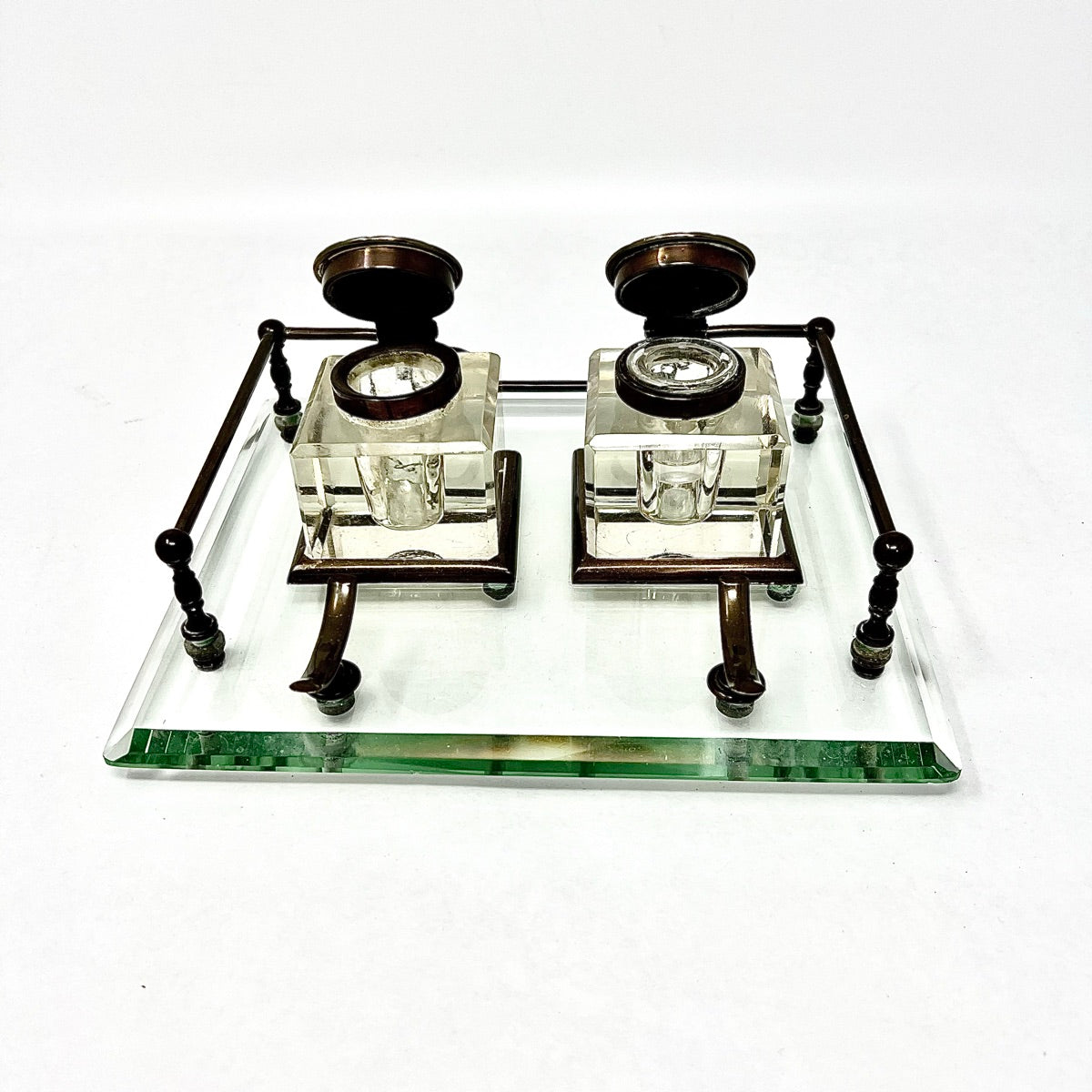 Antique Brass and Glass Double Inkwell