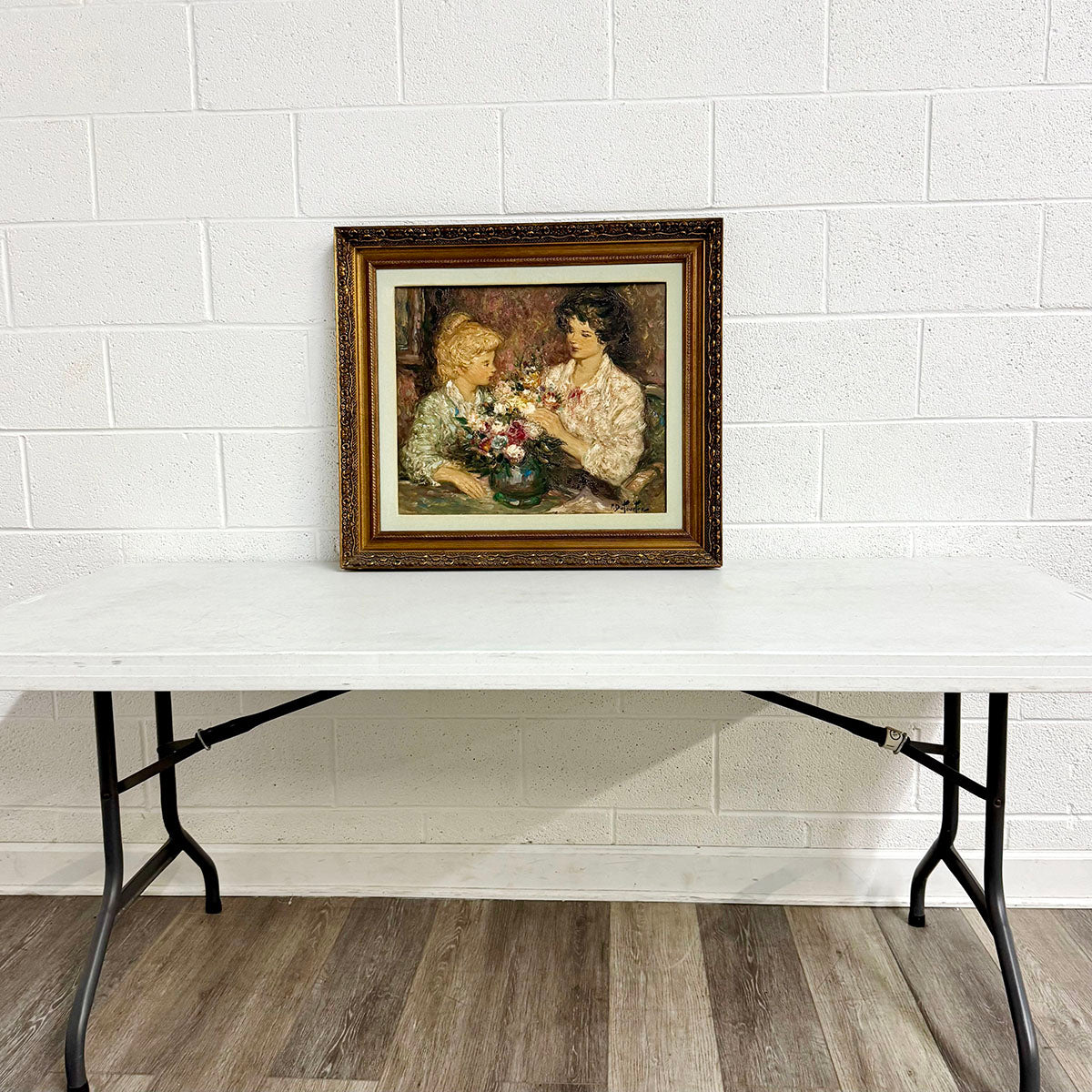 "Mother and Daughter with Flowers", Signed