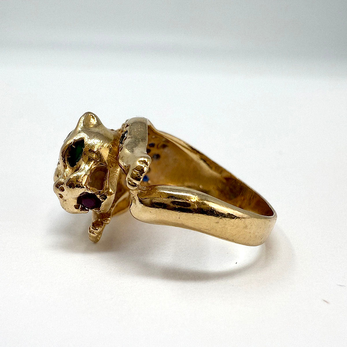 14K Gold Panther Ring with Diamonds, Emerald, Ruby and Sapphire