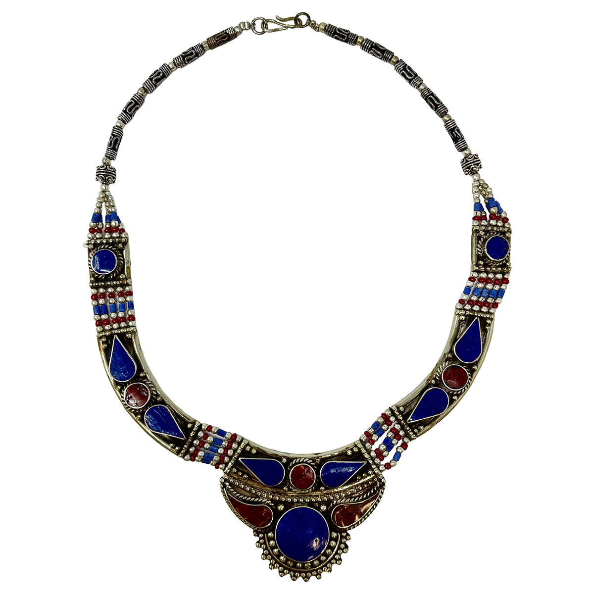 Tribal Red and Blue Inlay Silver Choker Necklace