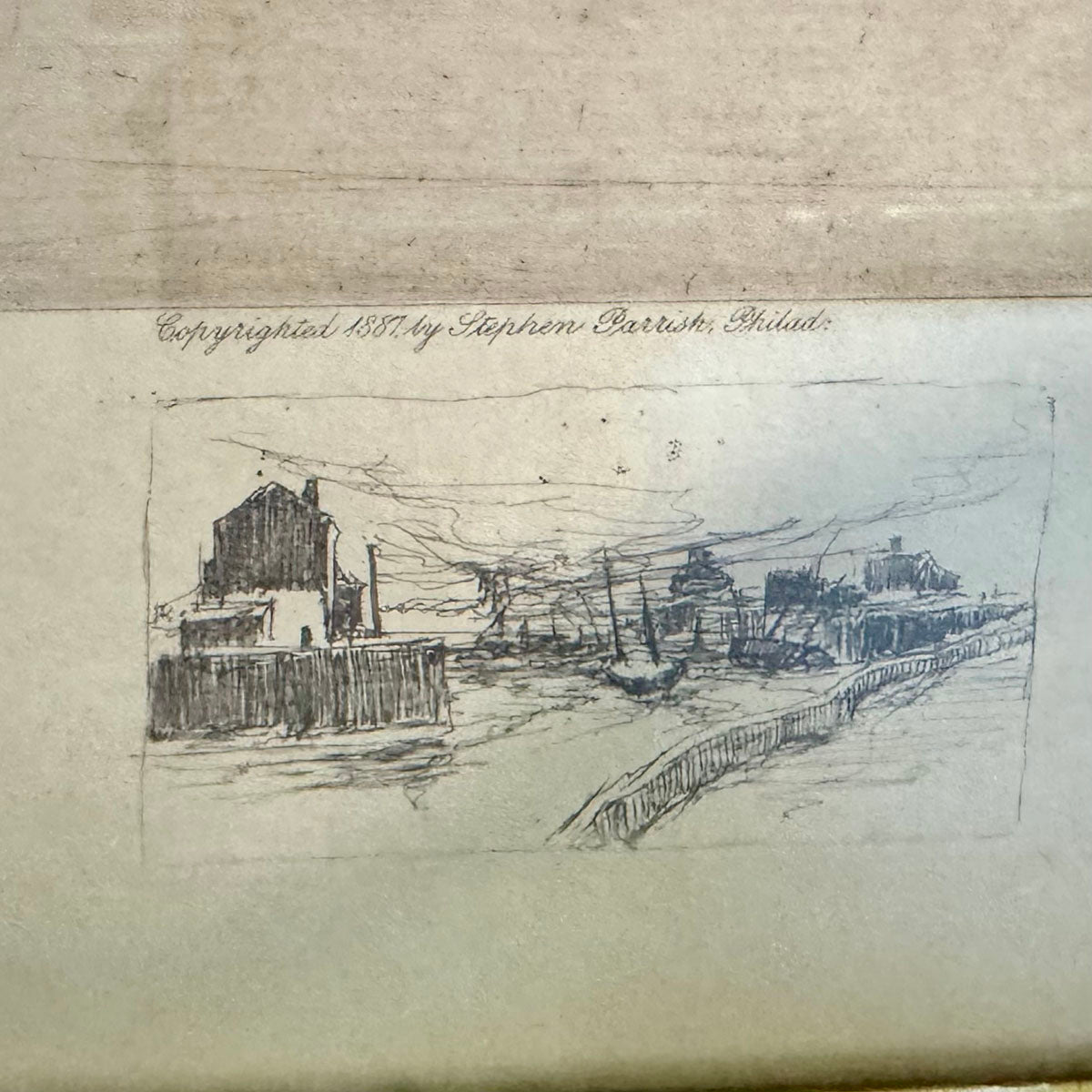 Framed Monochrome Etching of a Harbor with Ships 1887