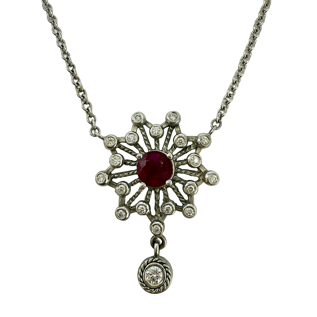Doris Panos 18K White Gold Necklace with 1 Ruby and 19 Round Diamonds