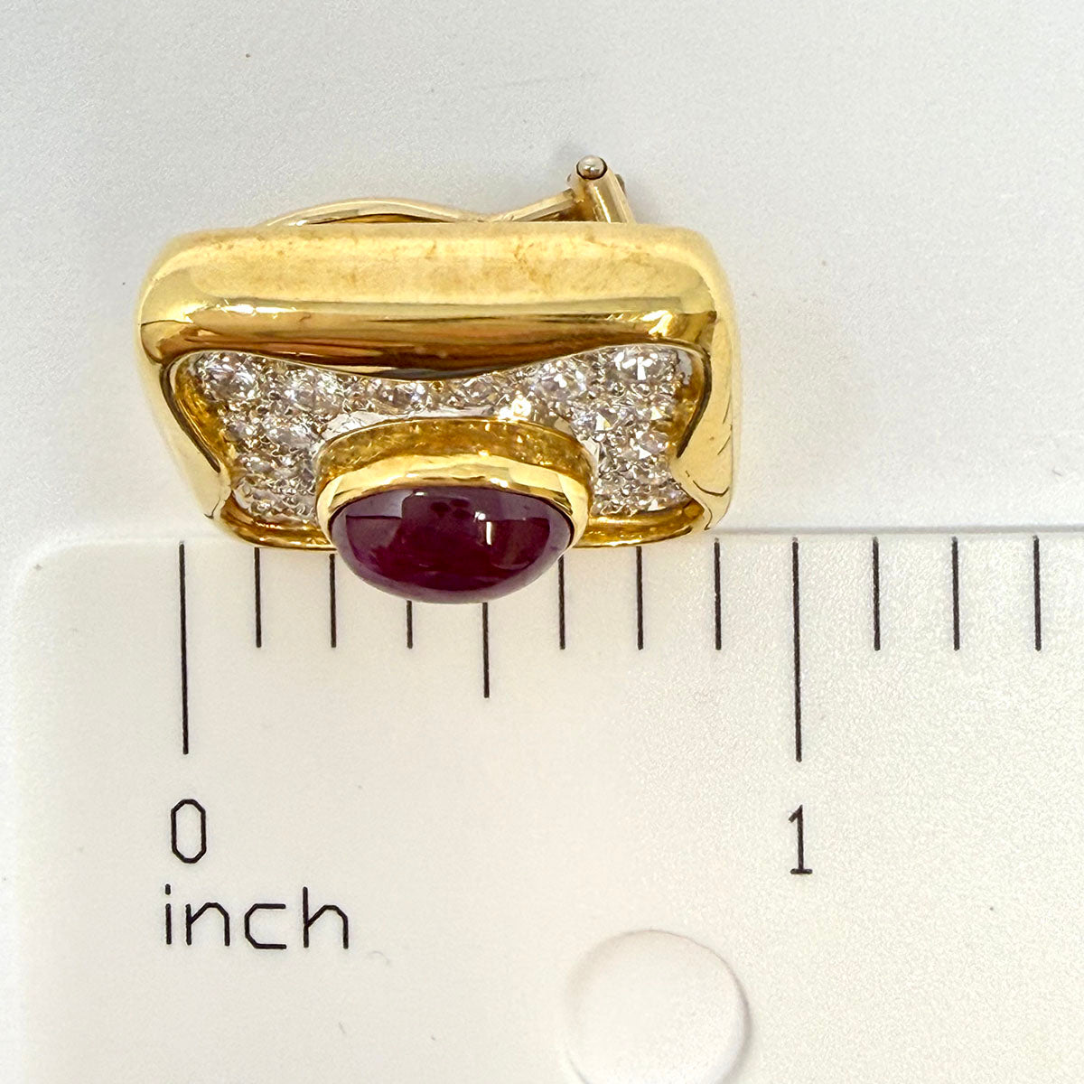18K Gold Rectangular Clip-on Earrings with Oval Cabochon Ruby