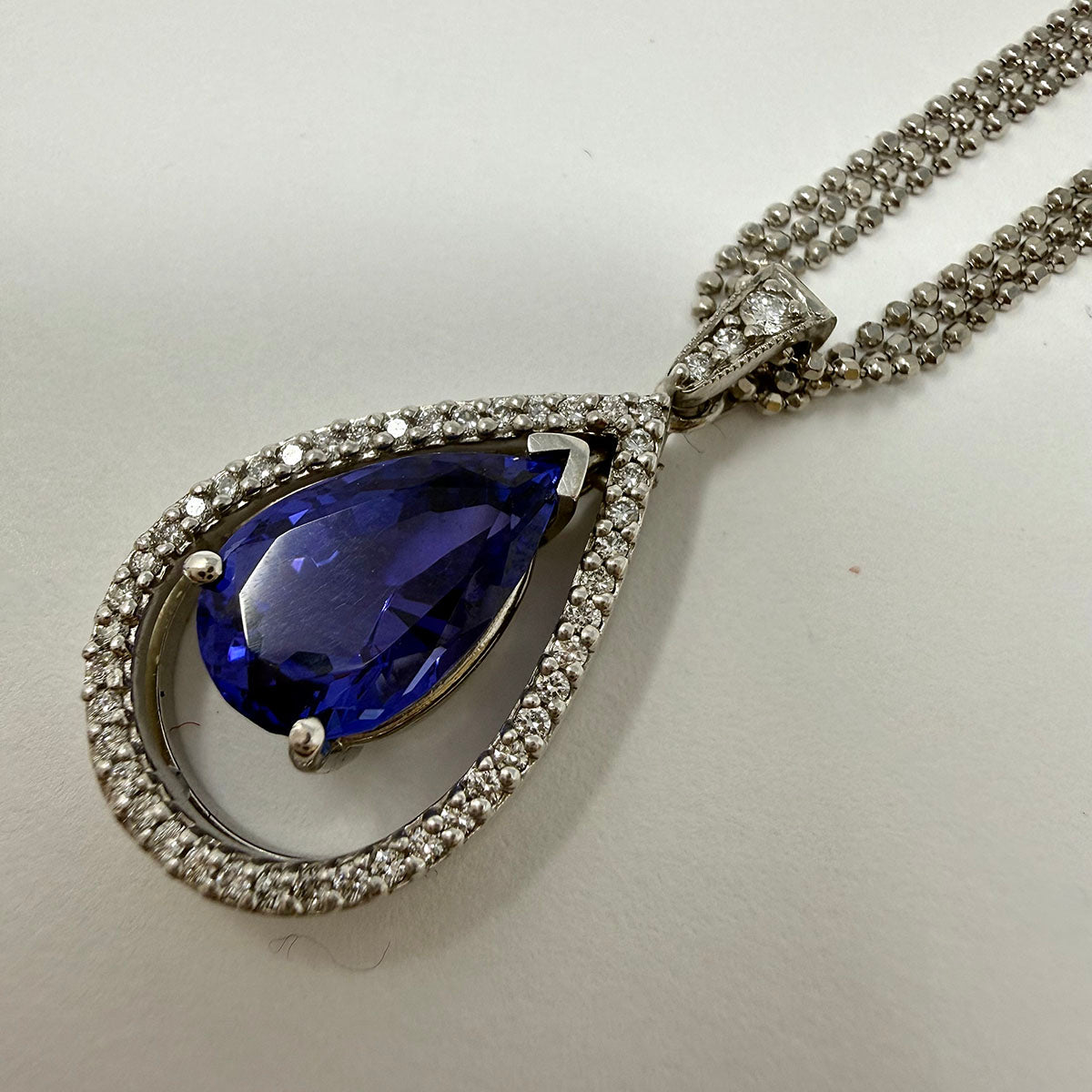 18K White Gold Double Chain Necklace with Tanzanite and Diamond Pendant