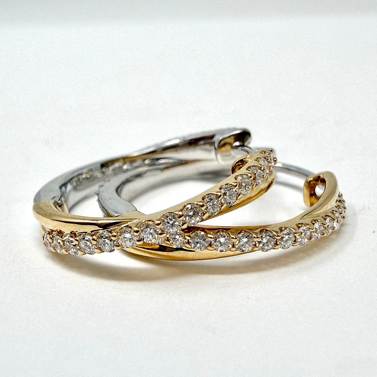 14K White and Yellow Gold Lab Grown Diamond Crossover Hoop Earrings
