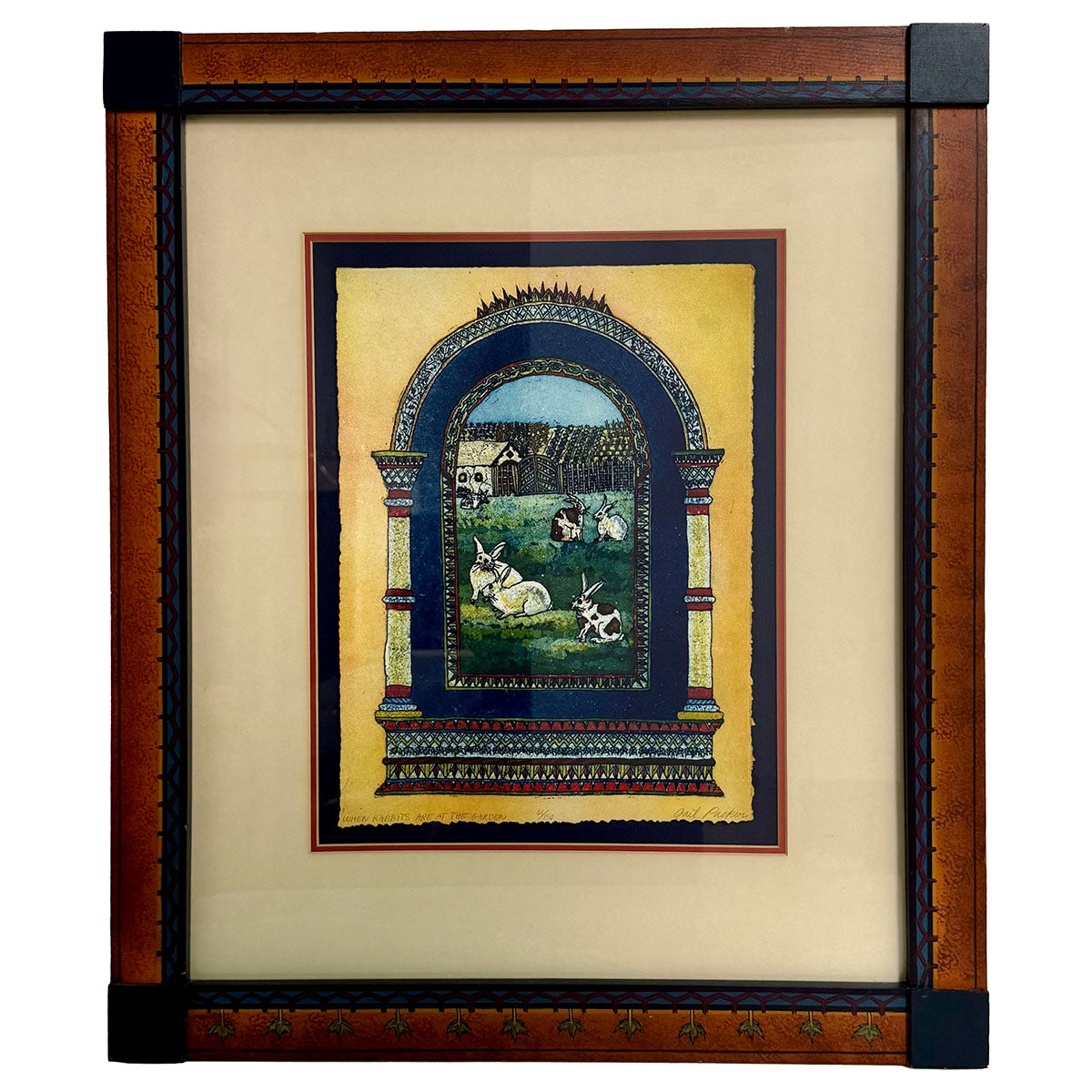 Framed Etching "When Rabbits are at the Garden"