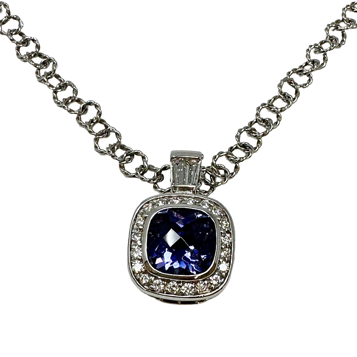 14K White Gold  Necklace with Iolite and Diamond Pendant
