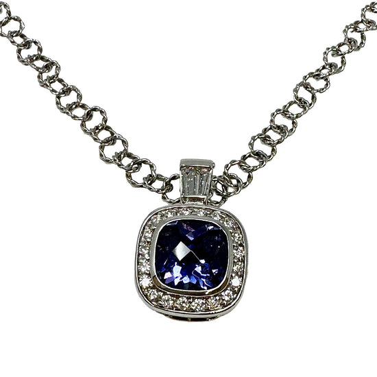 14K White Gold  Necklace with Iolite and Diamond Pendant