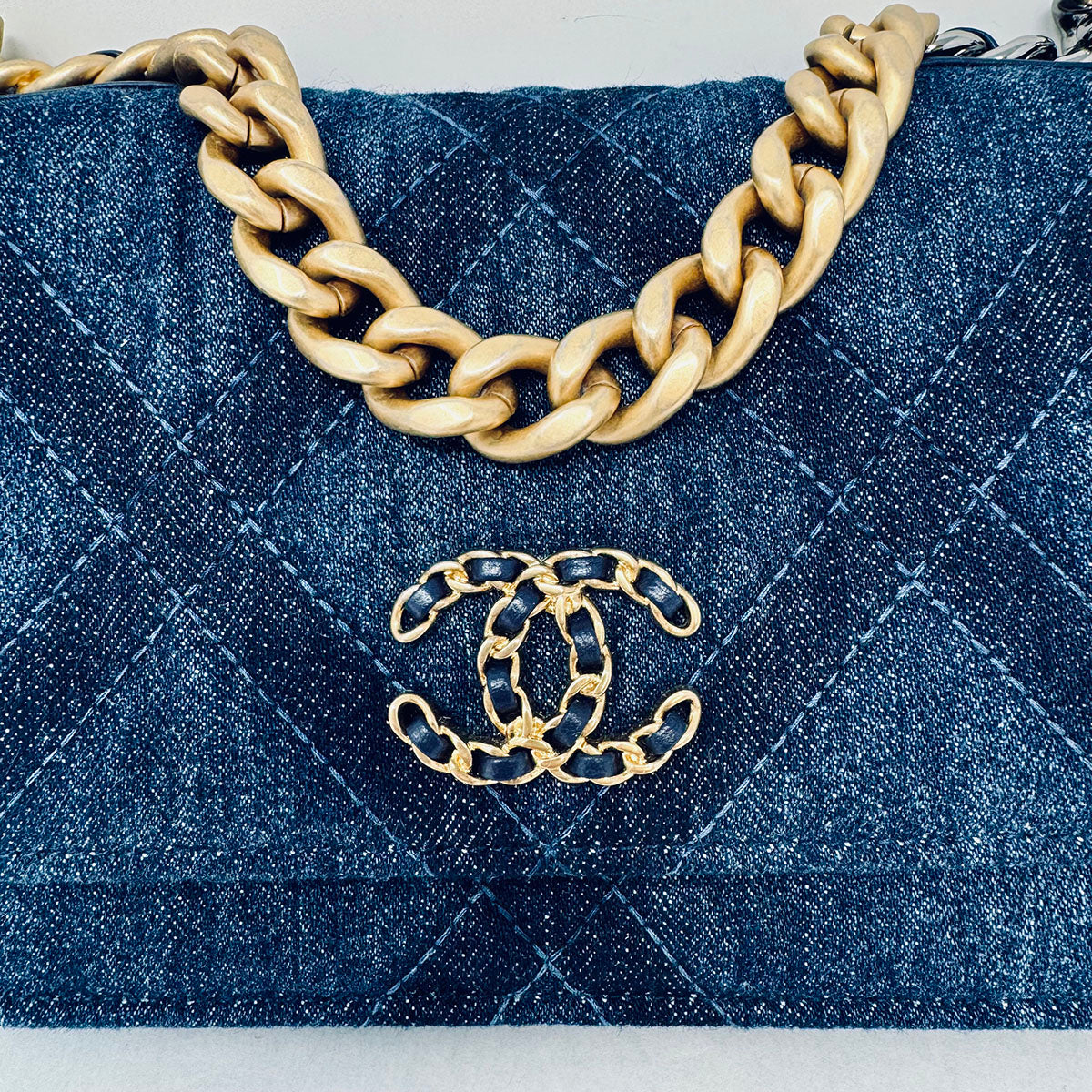 New Chanel 19 Denim Quilted Wallet on the Chain