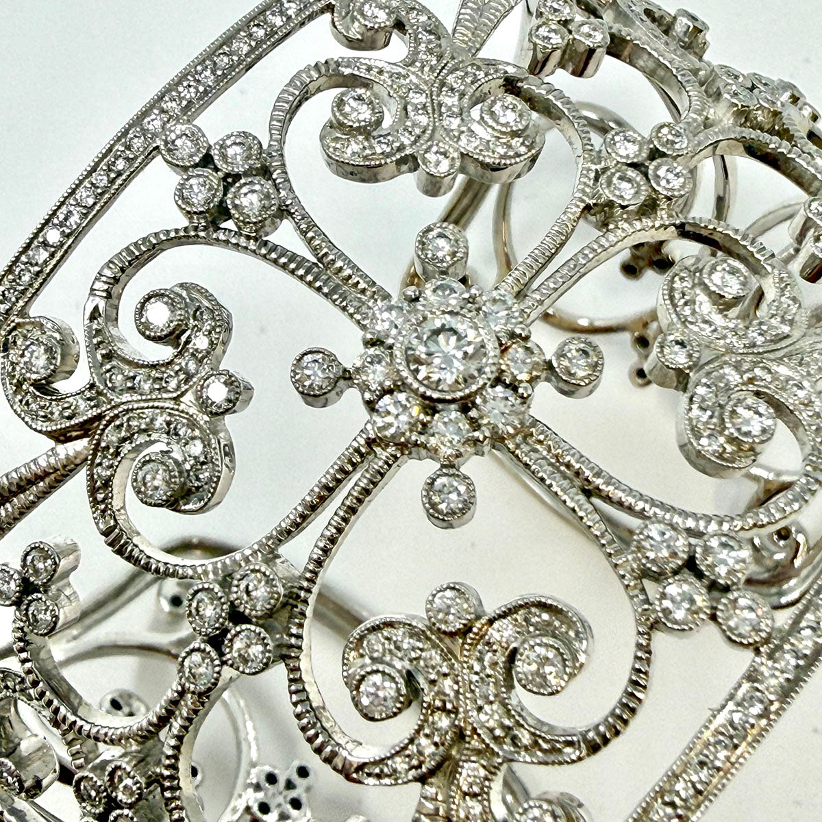 Leslie Greene Wide 18K White Filigree Diamond Cuff Bracelet - appraisal