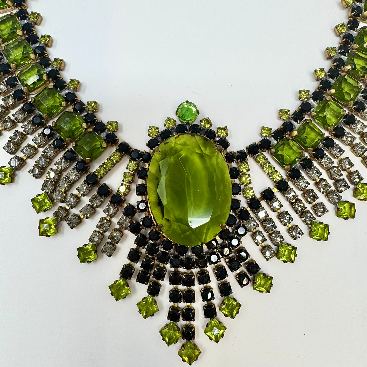 Egyptian Revival Green Crystal and Rhinestone Bib Necklace