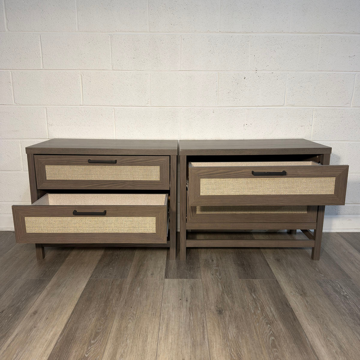 Pair Of Nightstands With Wicker Panel
