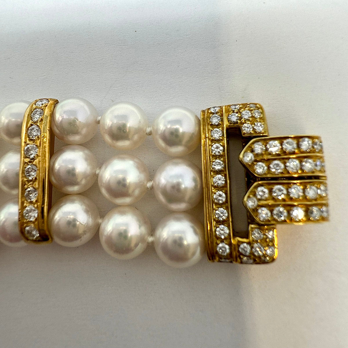 3 Strand Pearl Bracelet with 18K Gold Clasp and Diamonds