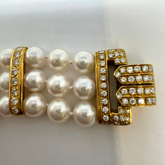 3 Strand Pearl Bracelet with 18K Gold Clasp and Diamonds