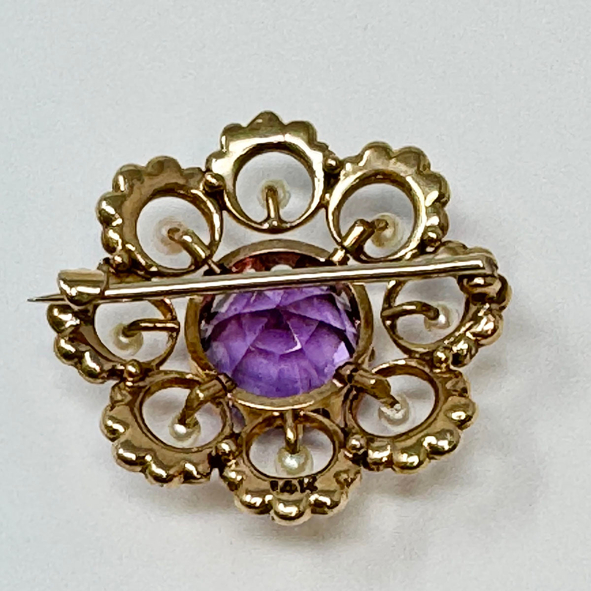 14K Gold Filigree Pin with Amethyst and Seed Pearls