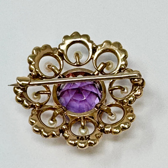14K Gold Filigree Pin with Amethyst and Seed Pearls
