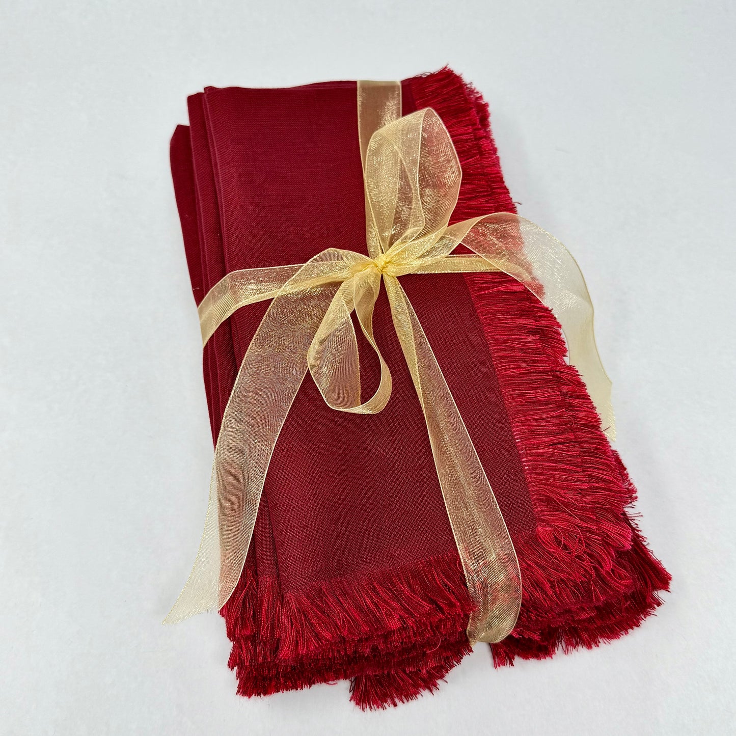 Set of 11  Double Fringe Red & Burgundy, Tina Chen Linen Napkins