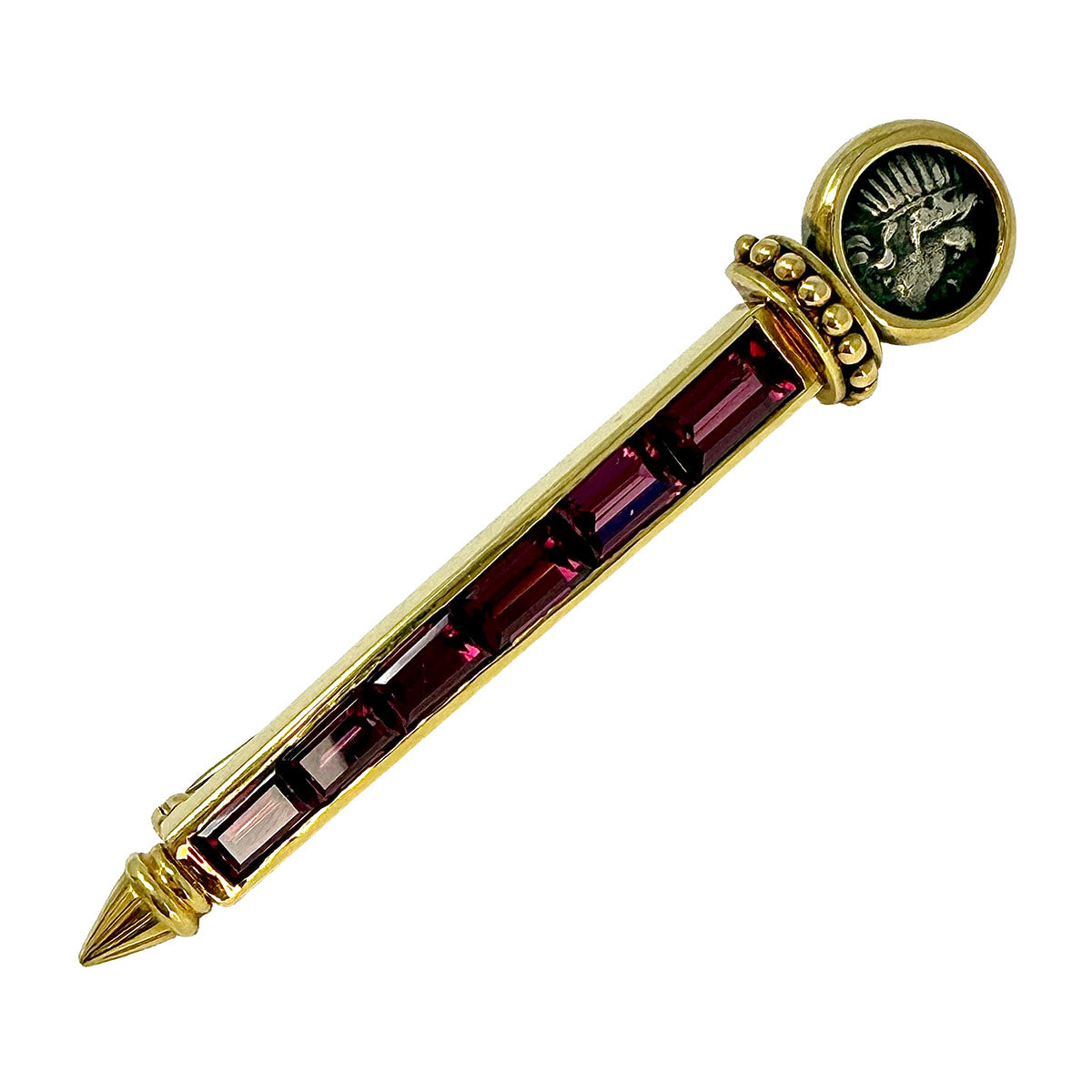 Susan Berman 18K Gold Pin with Roman Coin and Garnets
