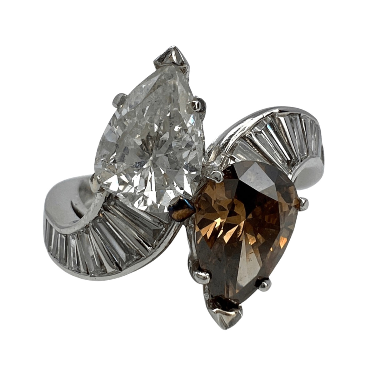 Platinum Twin Diamond Ring with 1.18ct Diamond and 1.17ct Cognac Colored Diamond