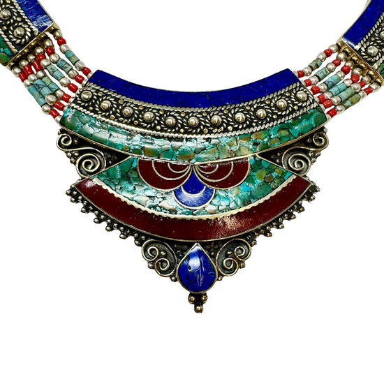 Tribal Red and Blue Inlay Silver Choker Necklace