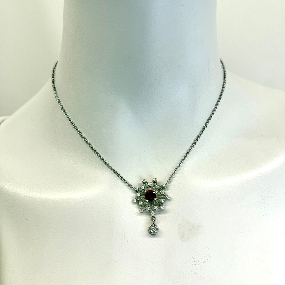 Doris Panos 18K White Gold Necklace with 1 Ruby and 19 Round Diamonds