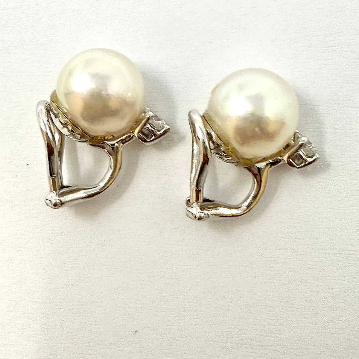 18K White  Gold Cultured Pearl and Diamond Earclips
