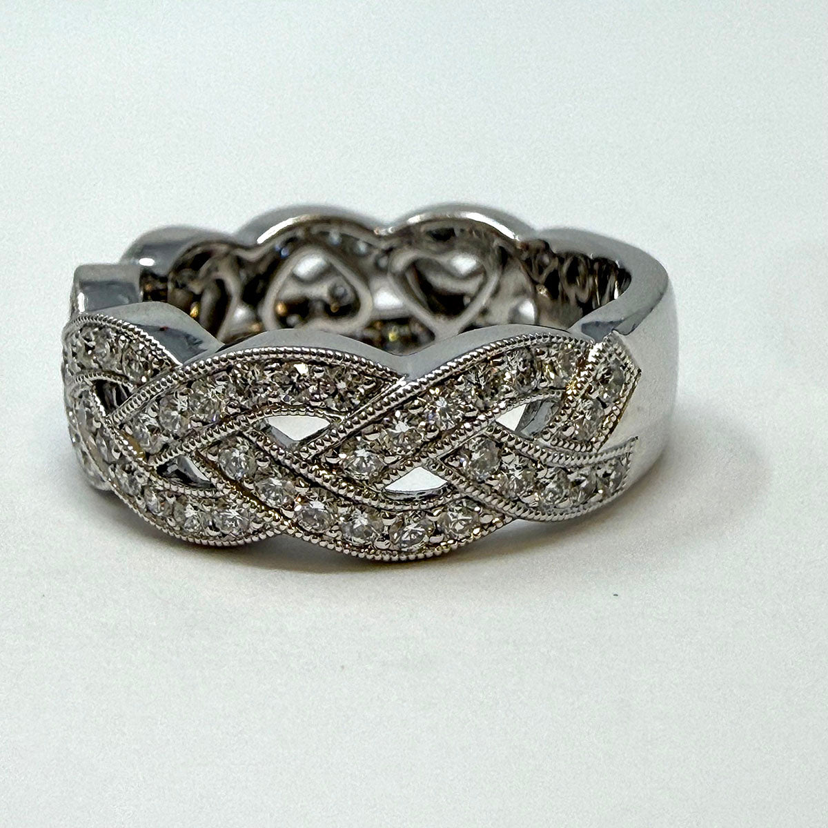 14K White Gold Weave Design Ring with Diamonds