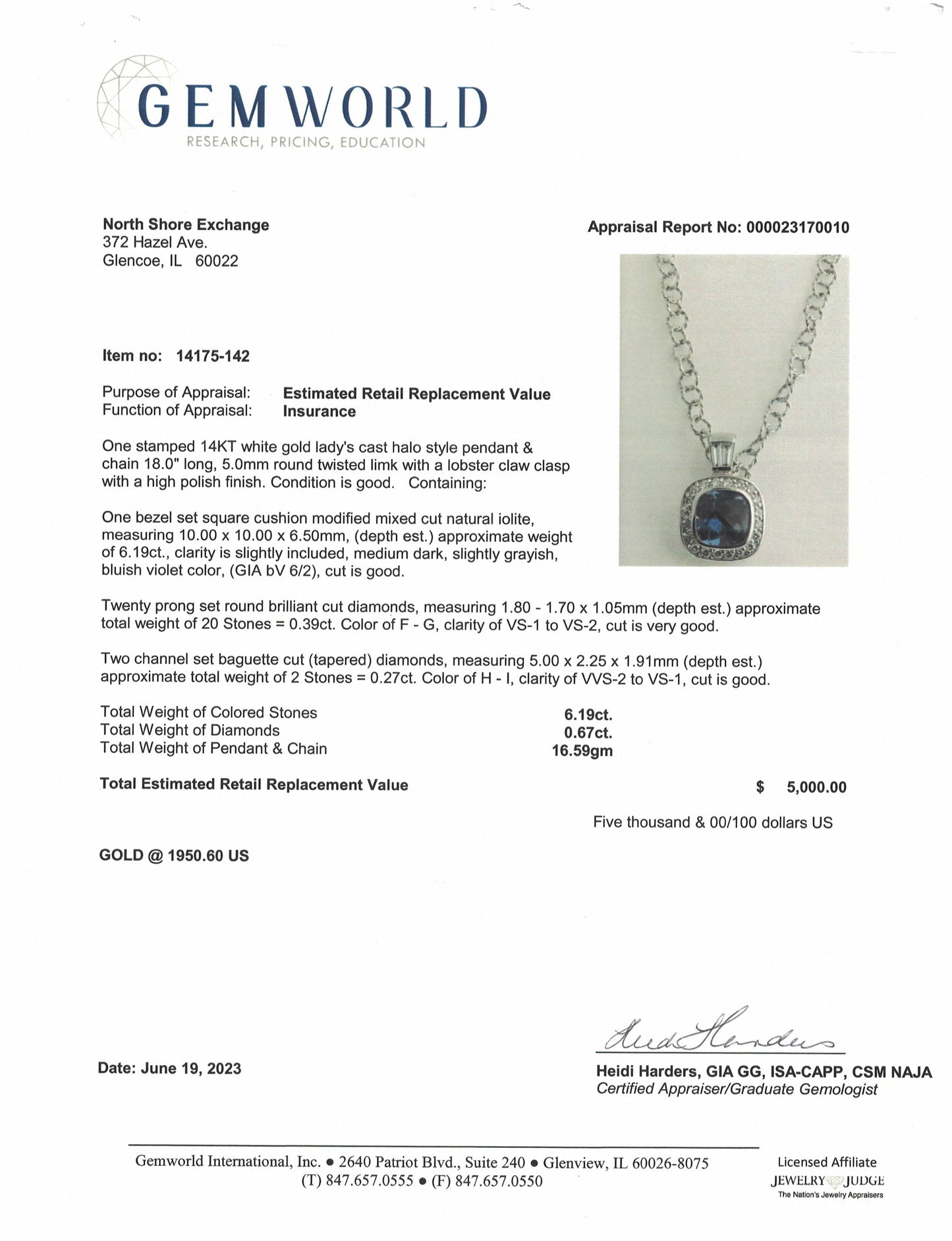 14K White Gold  Necklace with Iolite and Diamond Pendant