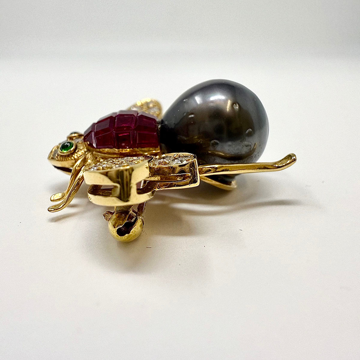 18K Gold Bee Pin with Tahitian Peal, Diamond, Ruby and Tsavorites