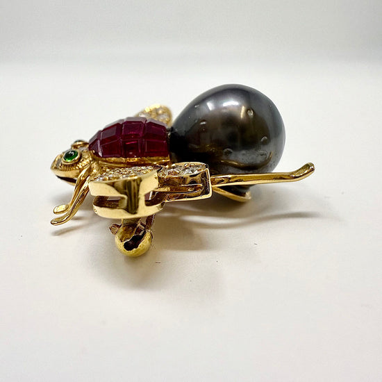 18K Gold Bee Pin with Tahitian Peal, Diamond, Ruby and Tsavorites