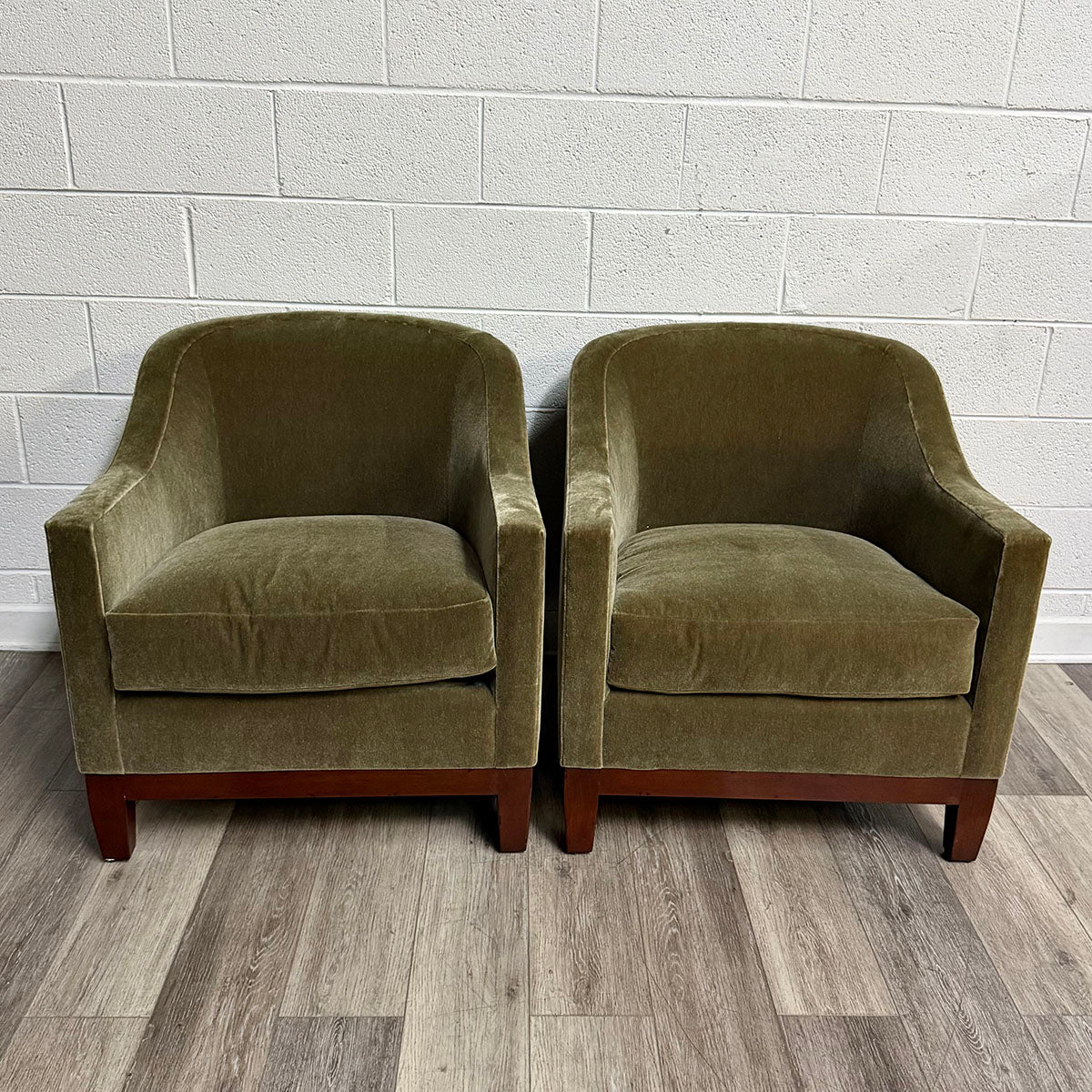 Pair of A. Rudin Olive Green Moihair Club Chairs