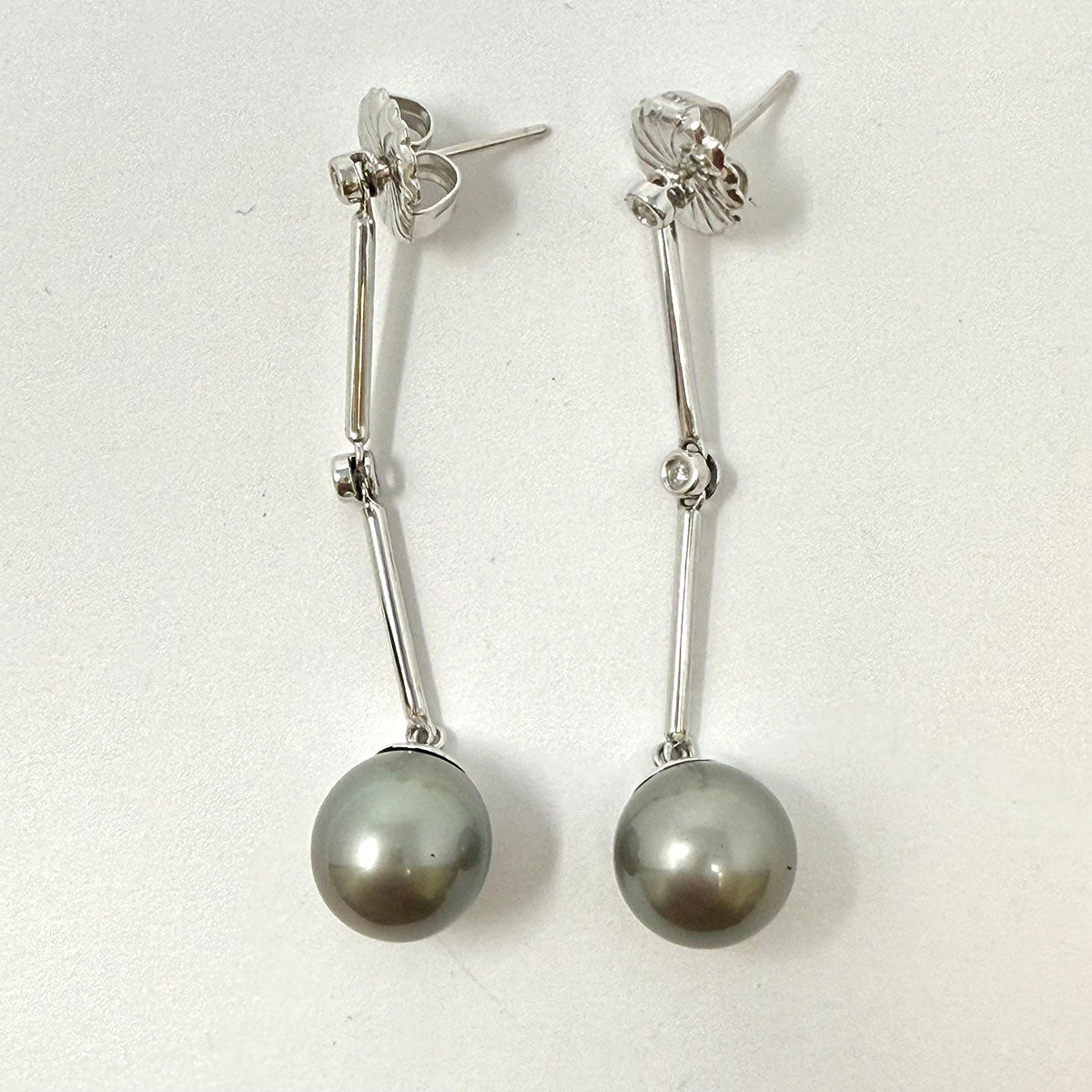 14K White Gold Linear Drop Earrings with Tahitian Pearl and 4 Bezel Set Diamonds