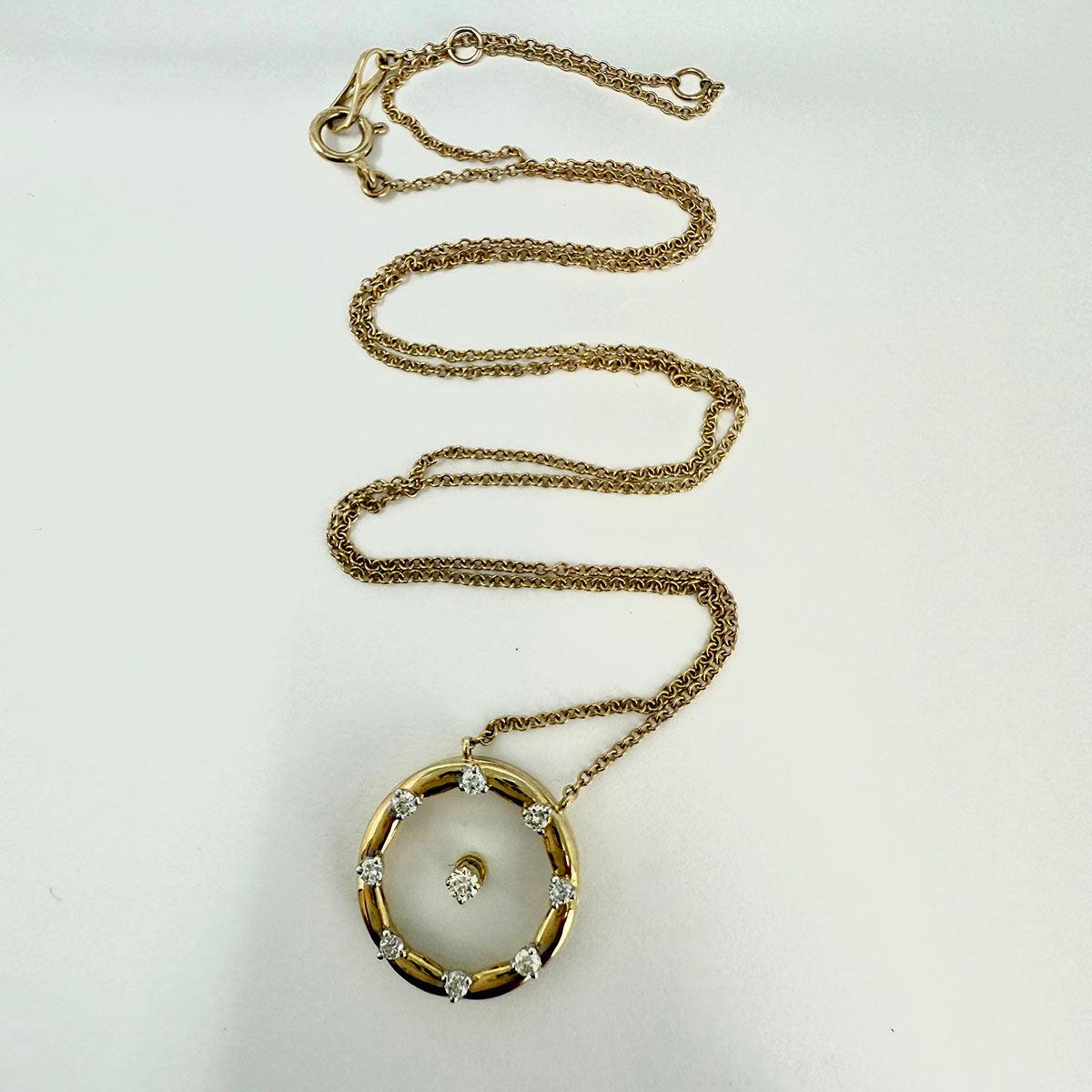 14K Gold Necklace with Circle Pendant with 9 Diamonds