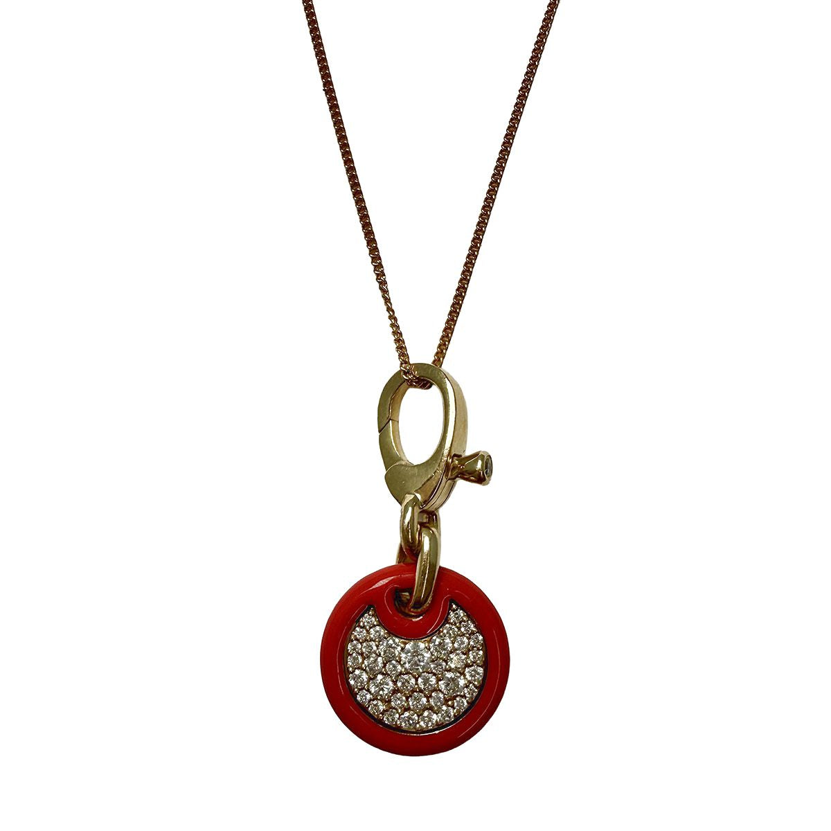 14K Gold Necklace with Diamond Embellished Disc Pendant with Red Enamel Trim