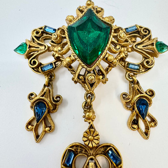 Florenza Vintage Emerald Green Victorian Brooch Pin with Dangles