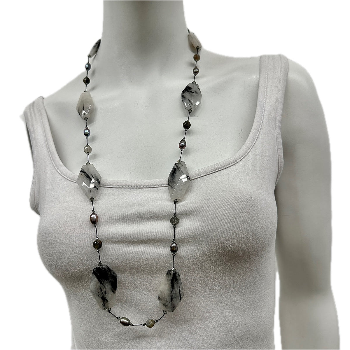 Margo Morrison 36" with Large Rutile Quartz and Grey Freshwater Pearl Necklace