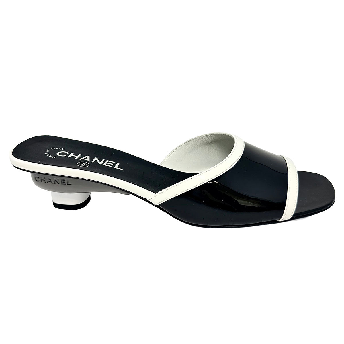 Chanel Patent Leather Mules with White Trim