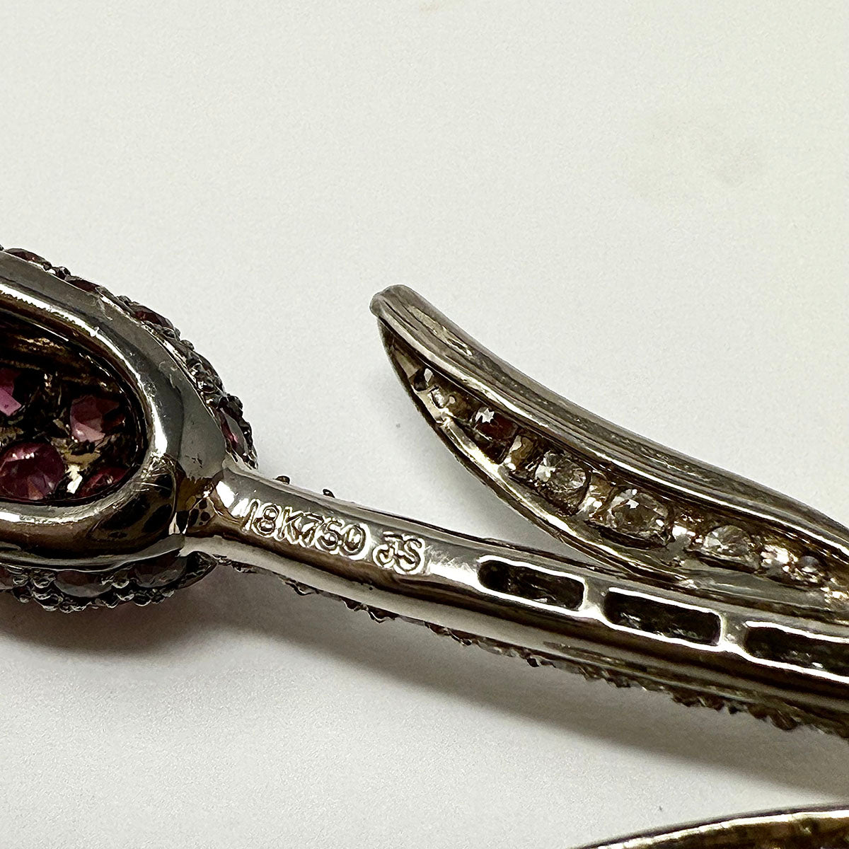 18K White Gold Diamond and Red Sapphire Flower Pin
