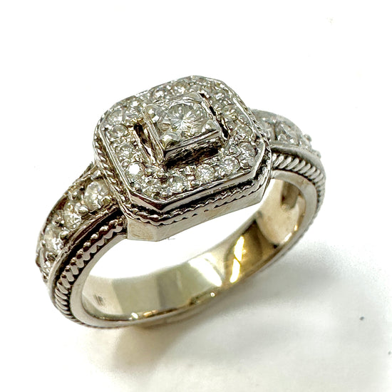 18K White  Cast Halo Style Ring with Diamonds