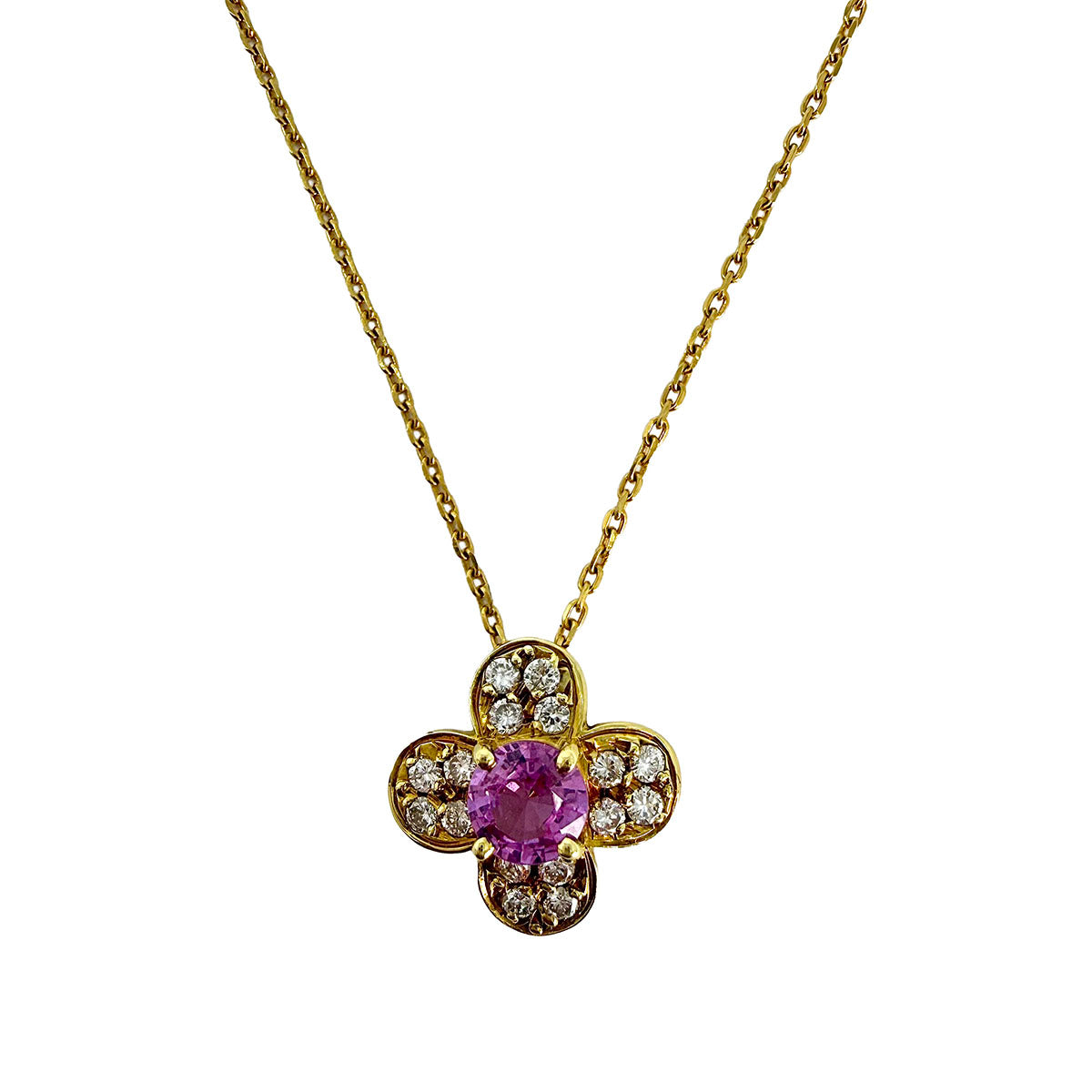 18K Gold with Flower Pendant with Pink Sapphire and Diamonds