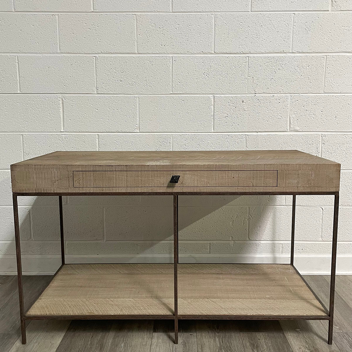 Raw Wooden Nightstand with Iron Base